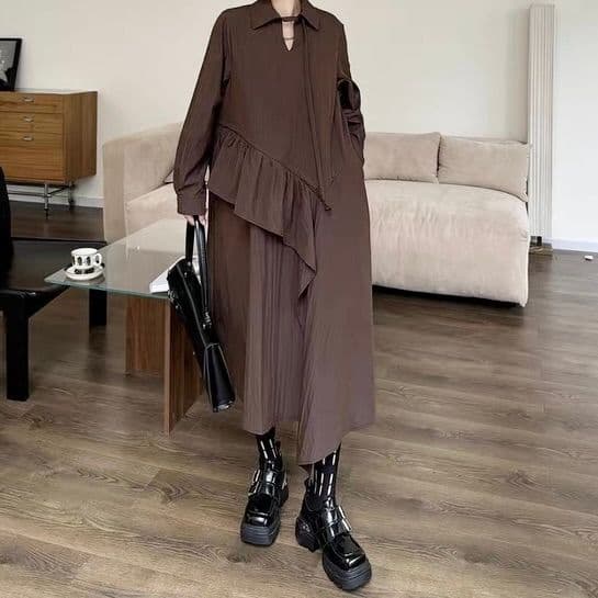 モード系ファッション 【体型カバー◎】アシメデザイン襟付きワンピース｜3色展開・ゆったりフリーサイズ