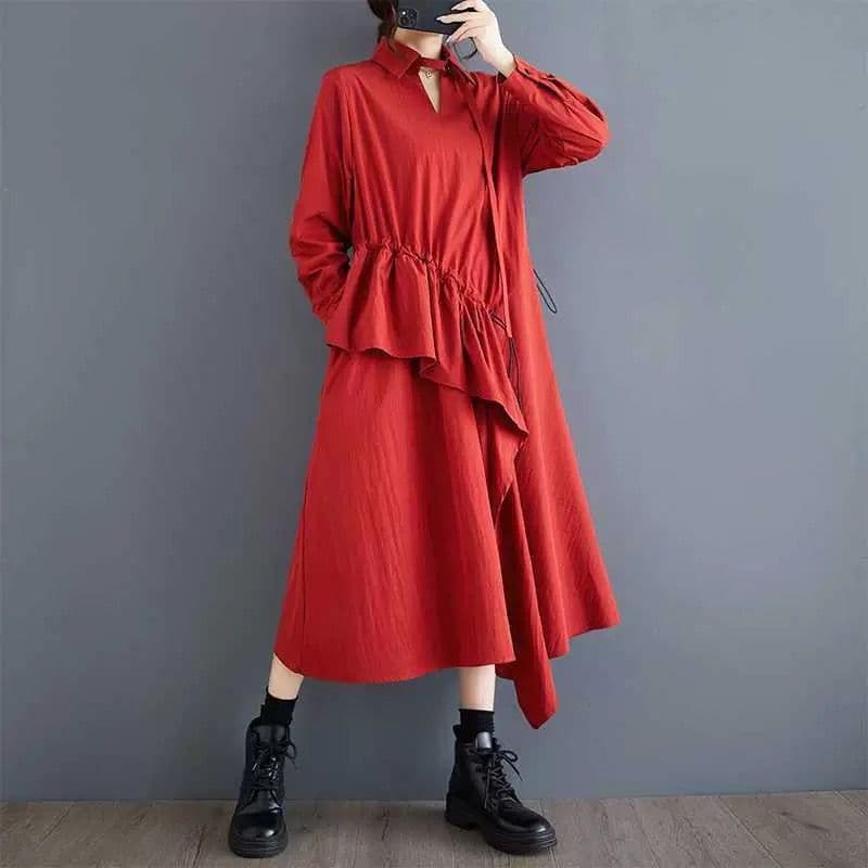 モード系ファッション 【体型カバー◎】アシメデザイン襟付きワンピース｜3色展開・ゆったりフリーサイズ