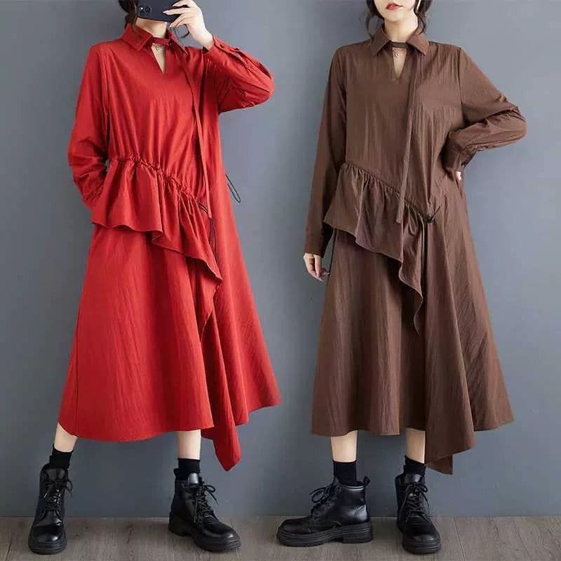 モード系ファッション 【体型カバー◎】アシメデザイン襟付きワンピース｜3色展開・ゆったりフリーサイズ