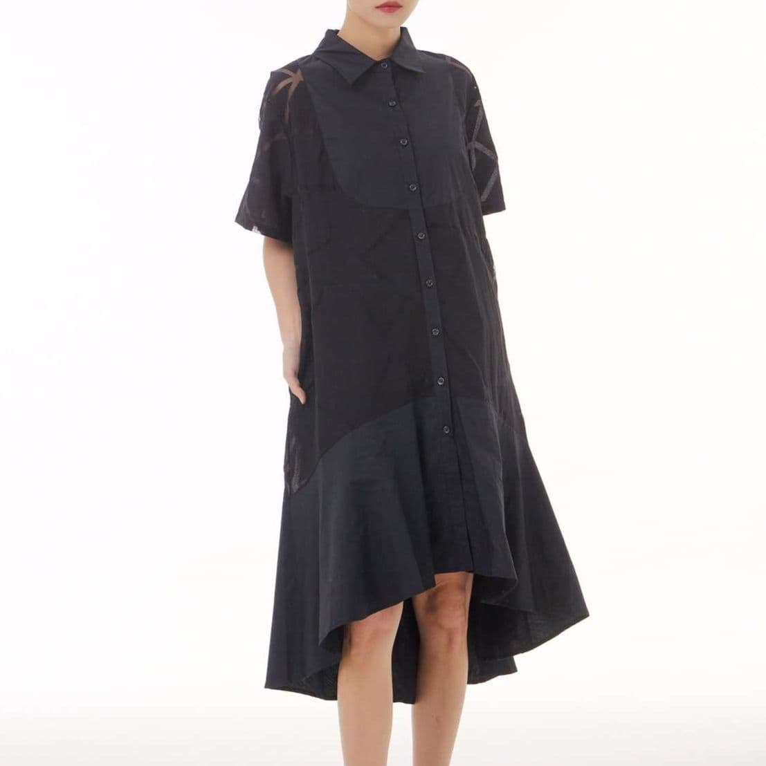 モード系ファッション 【M〜2XL対応】幾何学柄シースルー×シャツデザインワンピース（3色展開）