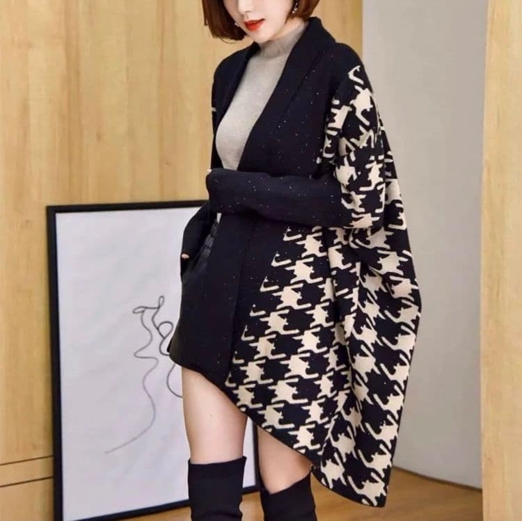 モード系ファッション 《2025秋冬新作》体型カバー×高級素材◆ウール混千鳥柄ジャケット／ロング丈アウター／レディースゆったり大きめサイズ対応／M-2XL展開