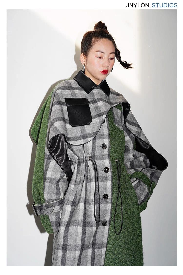 モード系ファッション エレガントチェック柄グリーンケープコート
