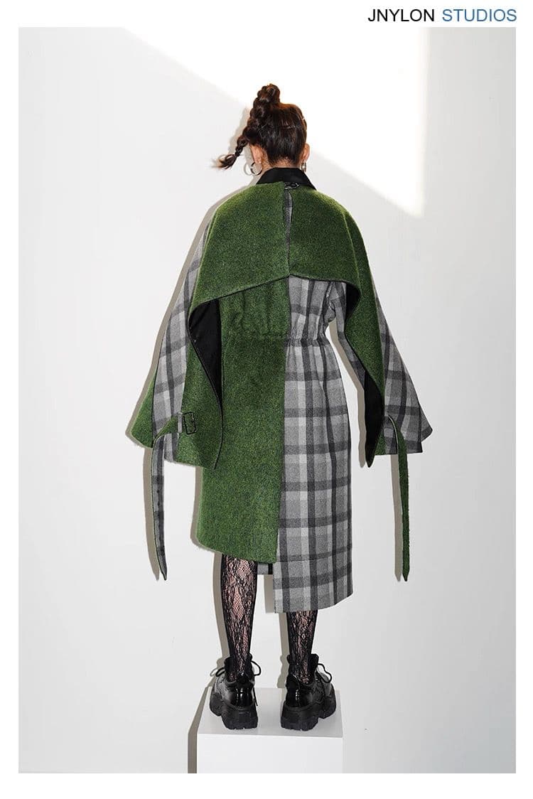 モード系ファッション エレガントチェック柄グリーンケープコート