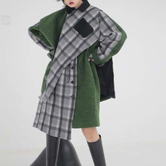 モード系ファッション エレガントチェック柄グリーンケープコート