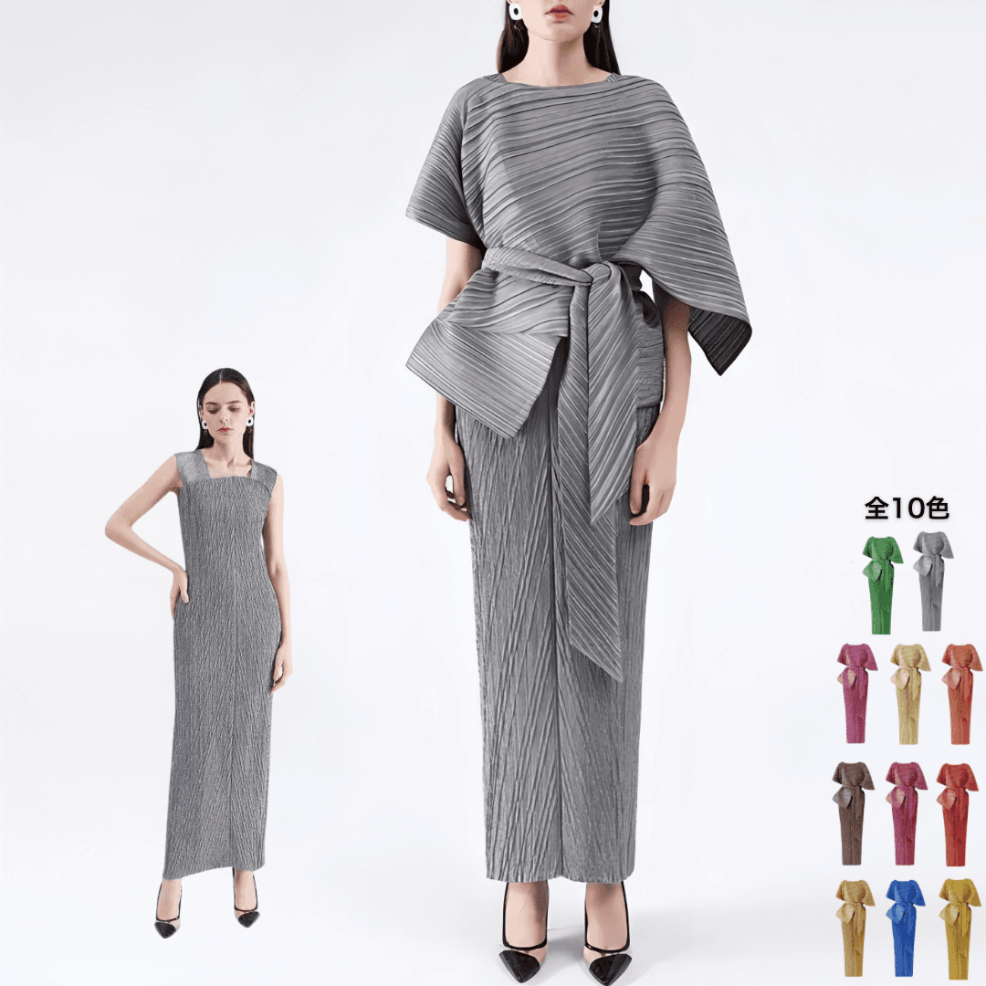 モード系ファッション全10色展開】イッセイミヤケ風 プリーツセットアップワンピース（ノースリーブ×巻きトップス）