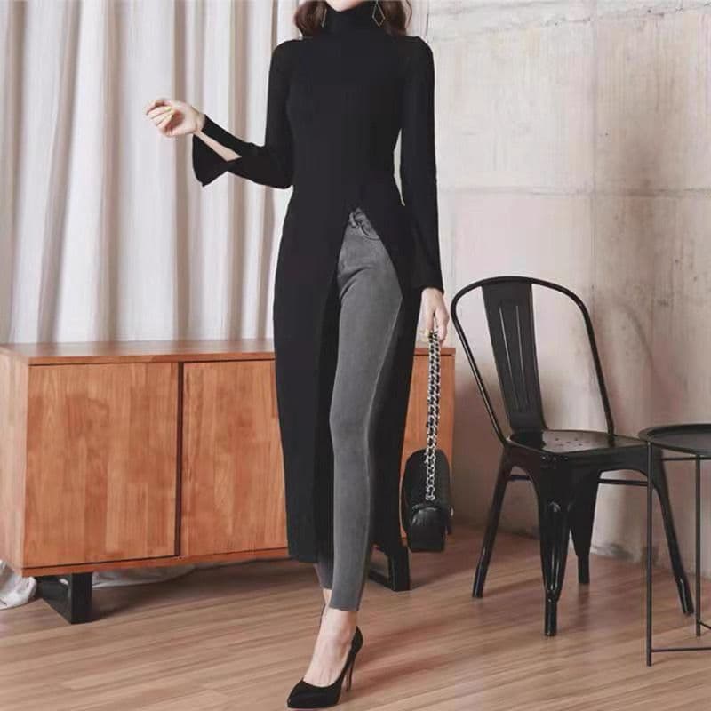 モード系ファッション 【S〜3XL対応】スリット入りハイネックニットロングトップス