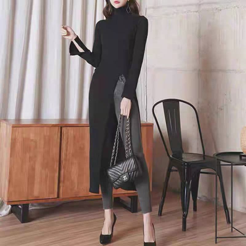 モード系ファッション 【S〜3XL対応】スリット入りハイネックニットロングトップス