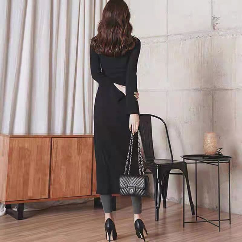 モード系ファッション 【S〜3XL対応】スリット入りハイネックニットロングトップス