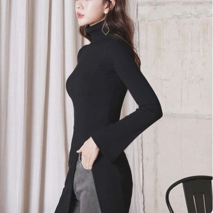 モード系ファッション 【S〜3XL対応】スリット入りハイネックニットロングトップス