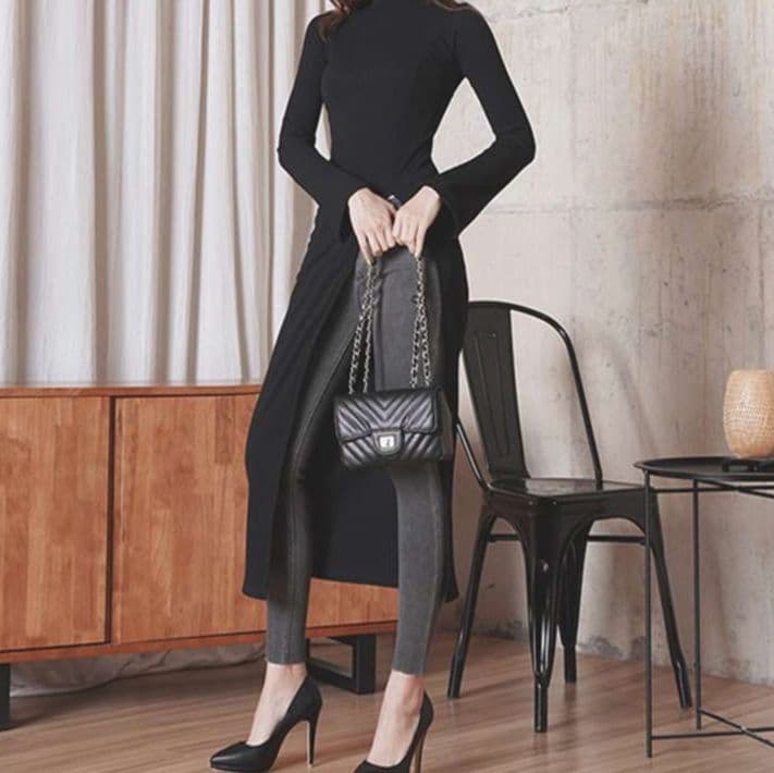 モード系ファッション 【S〜3XL対応】スリット入りハイネックニットロングトップス