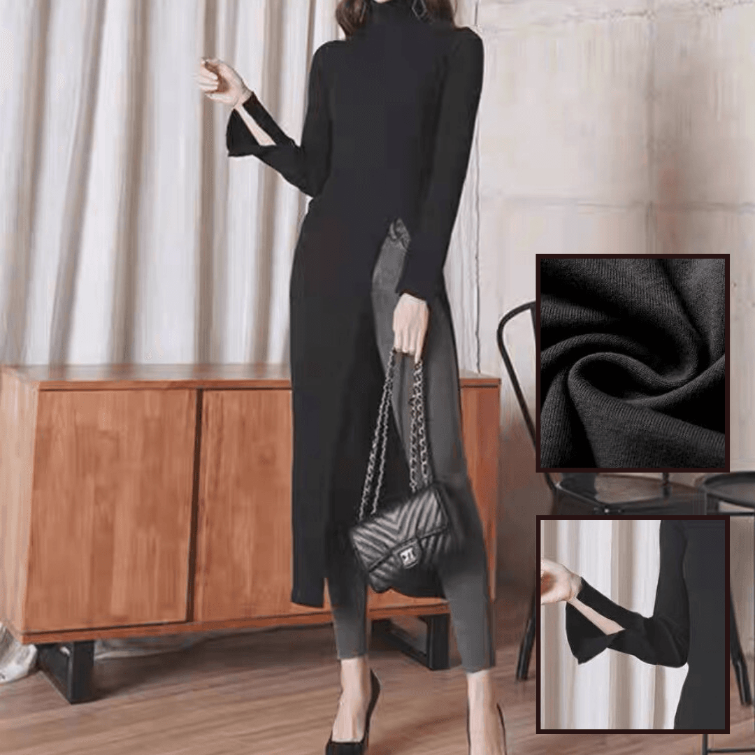 モード系ファッション 【S〜3XL対応】スリット入りハイネックニットロングトップス