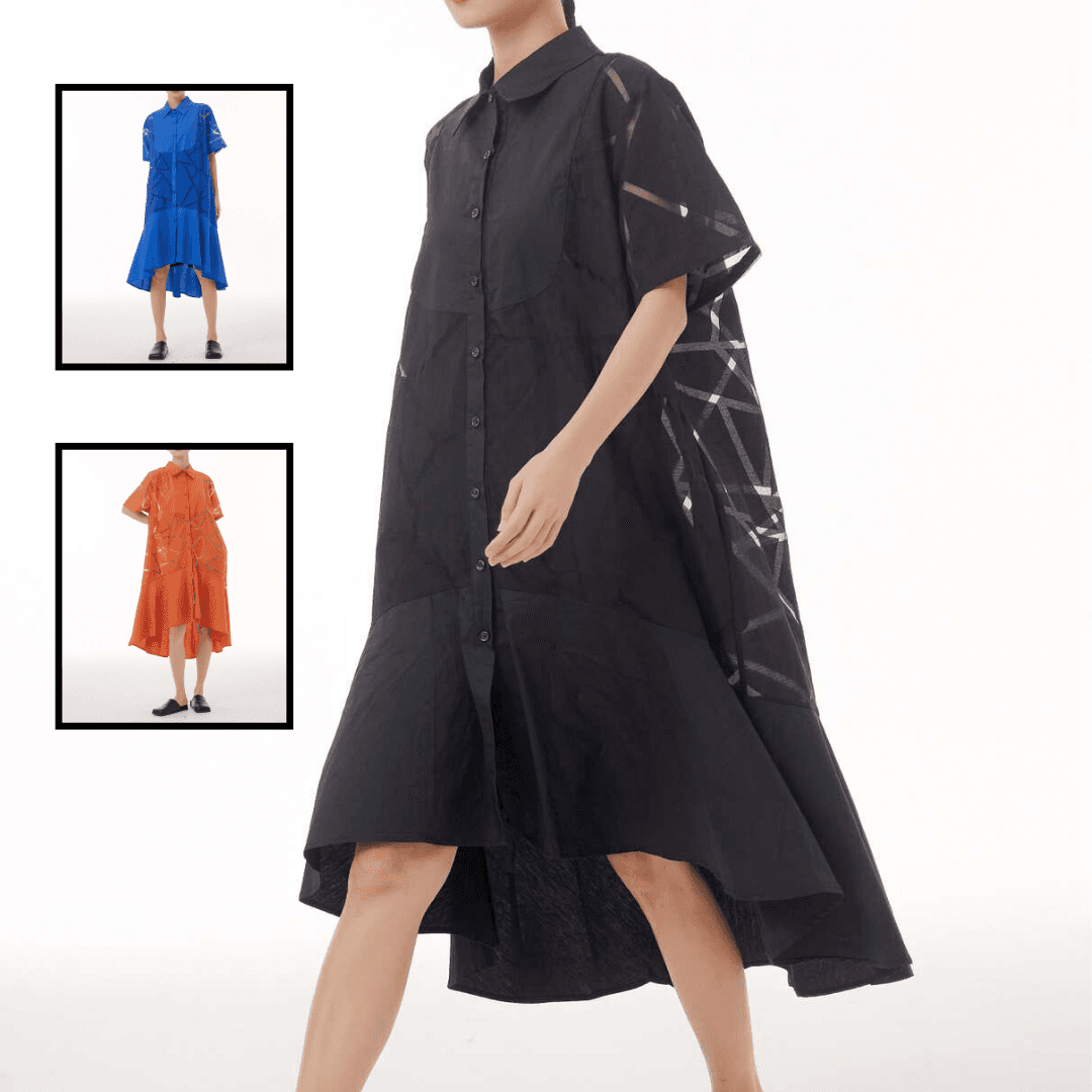 モード系ファッション 【M〜2XL対応】幾何学柄シースルー×シャツデザインワンピース（3色展開）