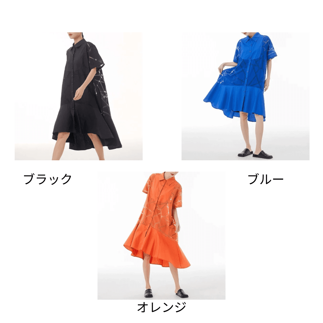 モード系ファッション 【M〜2XL対応】幾何学柄シースルー×シャツデザインワンピース（3色展開）