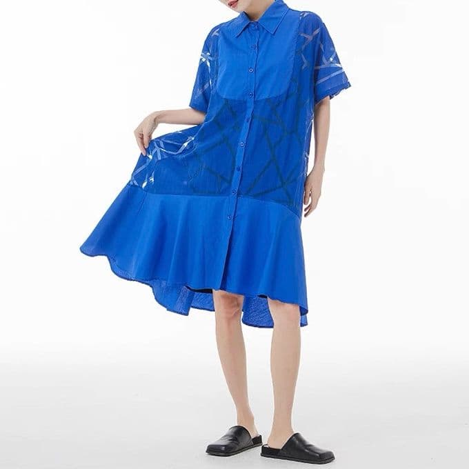 モード系ファッション 【M〜2XL対応】幾何学柄シースルー×シャツデザインワンピース（3色展開）