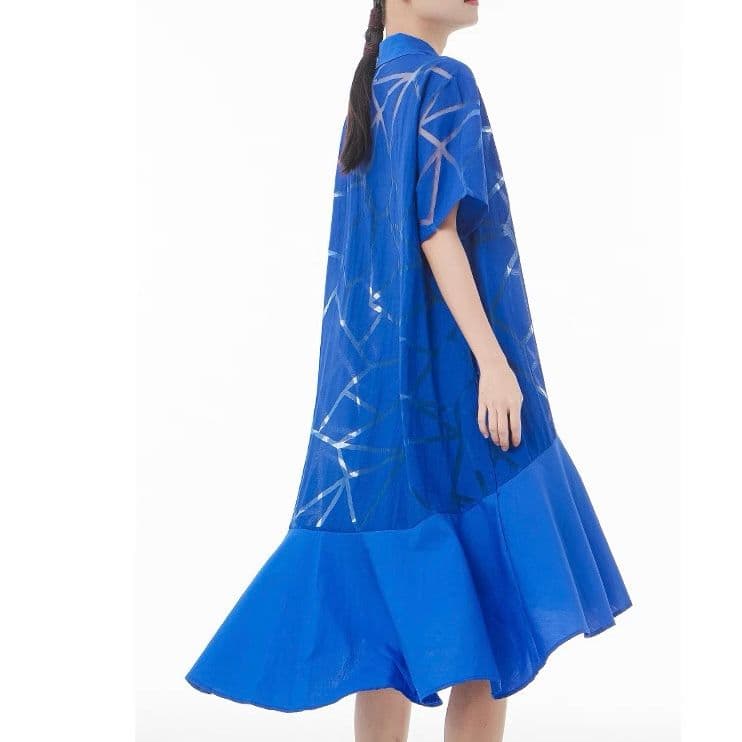 モード系ファッション 【M〜2XL対応】幾何学柄シースルー×シャツデザインワンピース（3色展開）