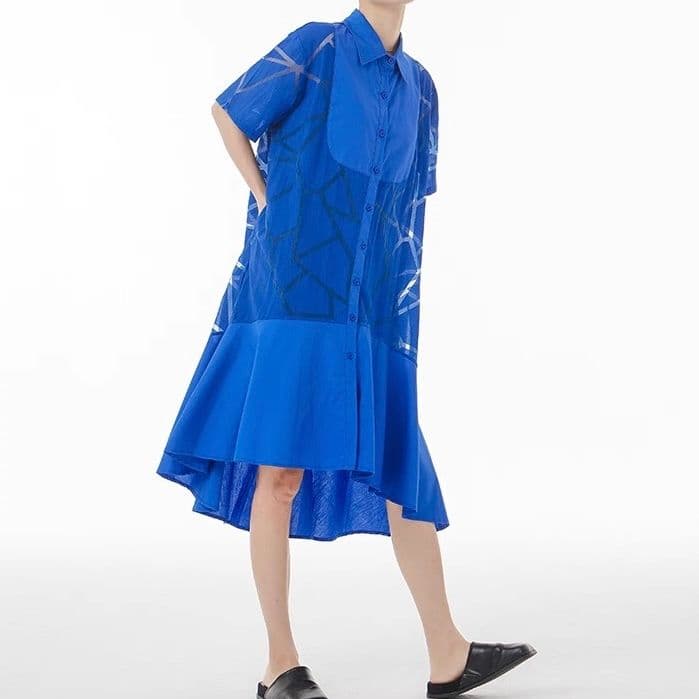 モード系ファッション 【M〜2XL対応】幾何学柄シースルー×シャツデザインワンピース（3色展開）