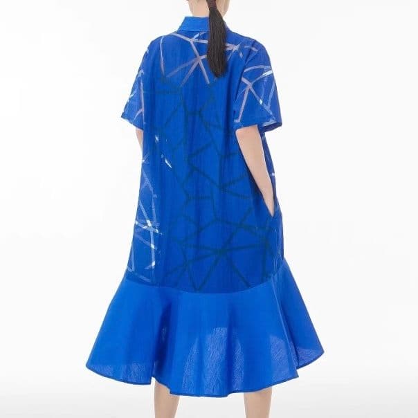 モード系ファッション 【M〜2XL対応】幾何学柄シースルー×シャツデザインワンピース（3色展開）