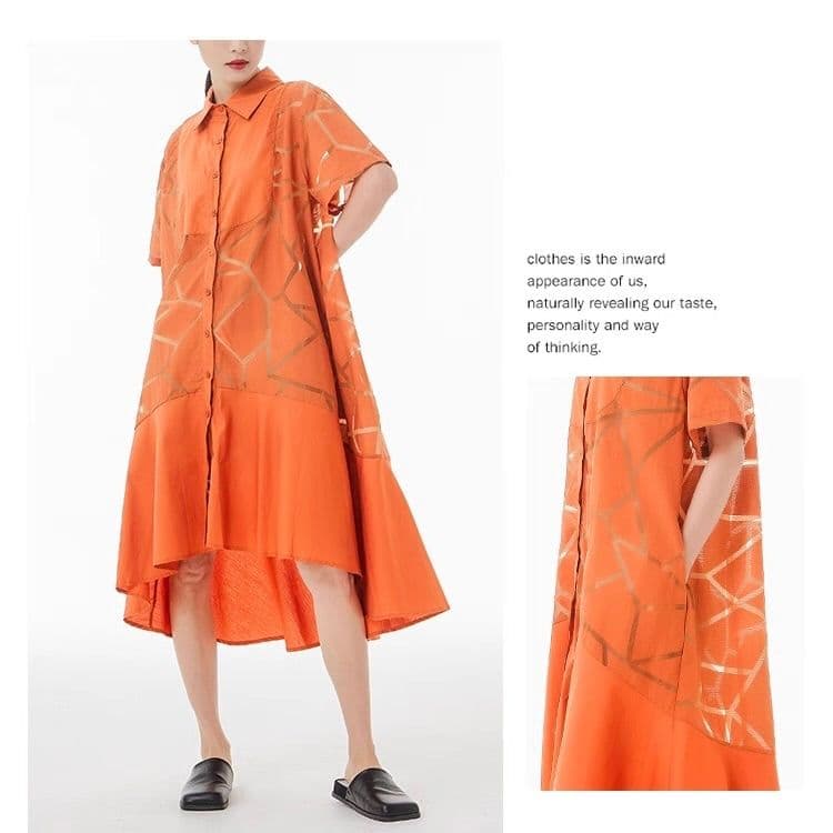 モード系ファッション 【M〜2XL対応】幾何学柄シースルー×シャツデザインワンピース（3色展開）