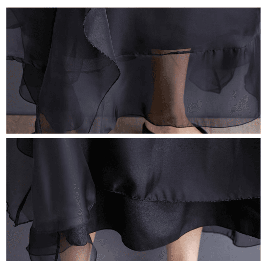 モード系ファッション 【フリーサイズ／ゆったり設計】アシンメトリーレイヤード×シアーワンピース（ブラック）