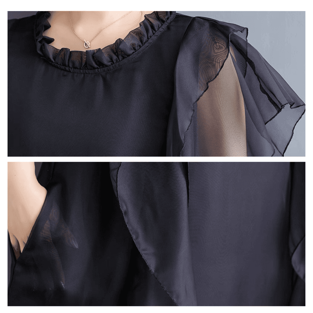 モード系ファッション 【フリーサイズ／ゆったり設計】アシンメトリーレイヤード×シアーワンピース（ブラック）