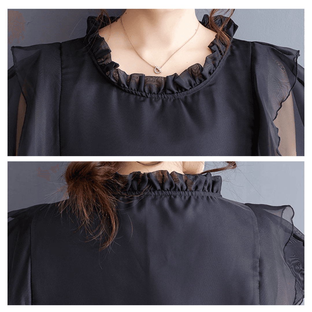 モード系ファッション 【フリーサイズ／ゆったり設計】アシンメトリーレイヤード×シアーワンピース（ブラック）