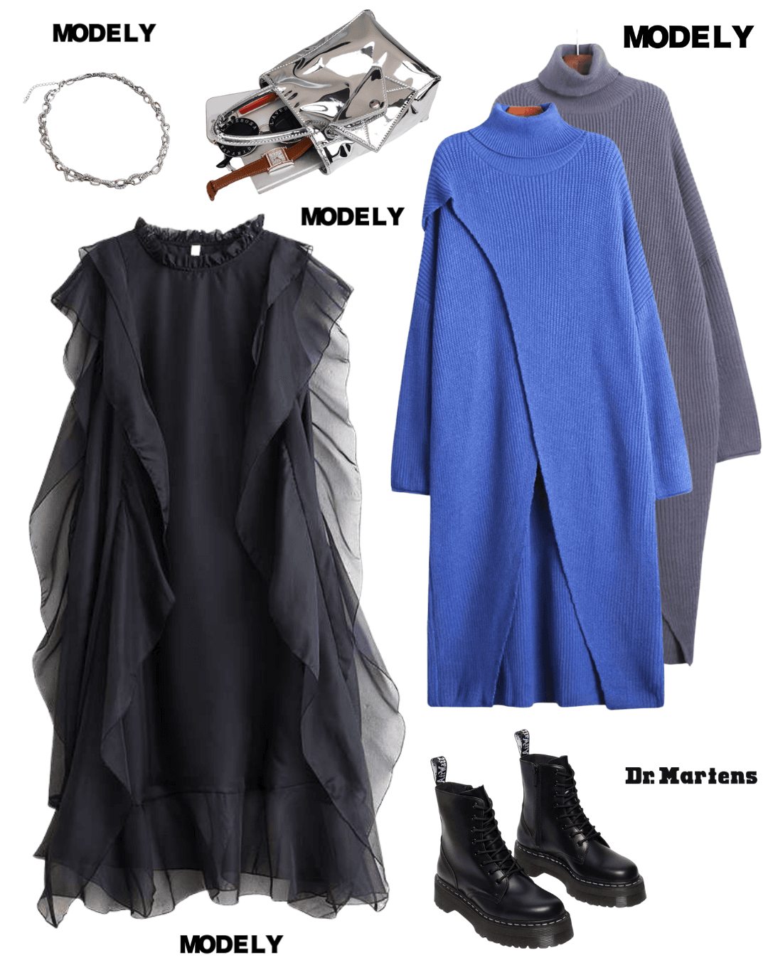 モード系ファッション 【フリーサイズ／ゆったり設計】アシンメトリーレイヤード×シアーワンピース（ブラック）