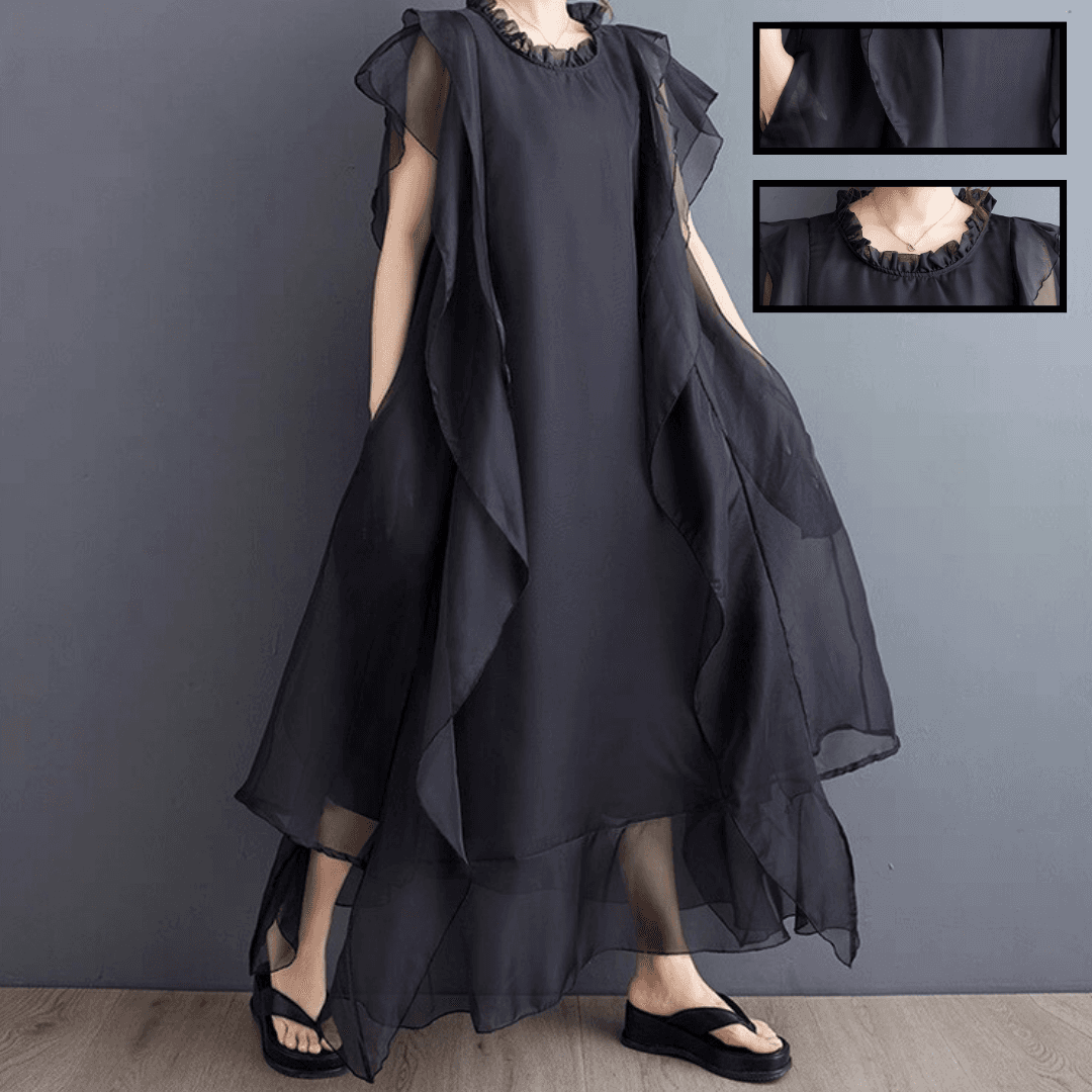モード系ファッション 【フリーサイズ／ゆったり設計】アシンメトリーレイヤード×シアーワンピース（ブラック）