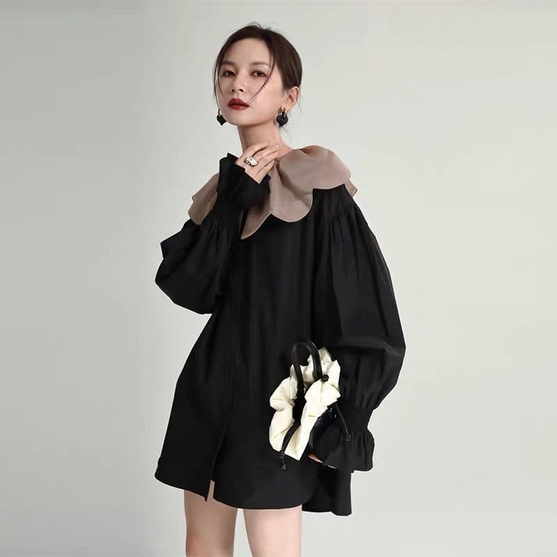 モード系ファッション 【1枚で旬顔】ビッグカラー×バルーンスリーブミニシャツワンピース（ブラック）