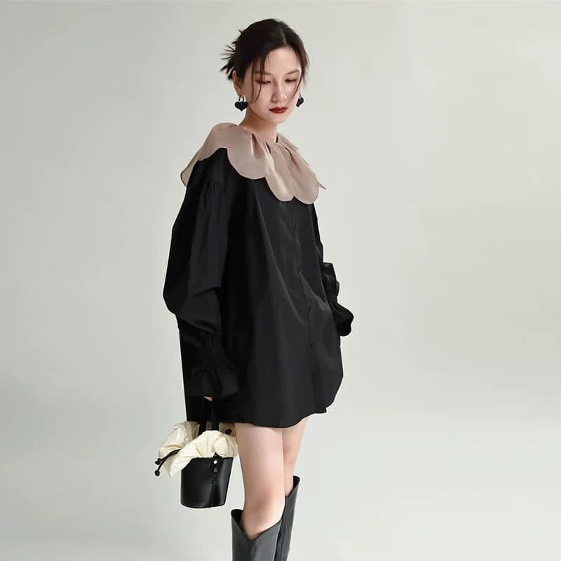 モード系ファッション 【1枚で旬顔】ビッグカラー×バルーンスリーブミニシャツワンピース（ブラック）