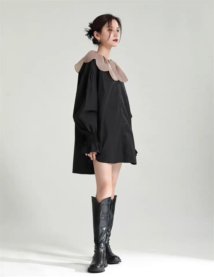 モード系ファッション 【1枚で旬顔】ビッグカラー×バルーンスリーブミニシャツワンピース（ブラック）