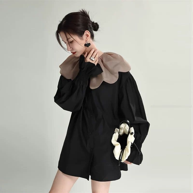 モード系ファッション 【1枚で旬顔】ビッグカラー×バルーンスリーブミニシャツワンピース（ブラック）