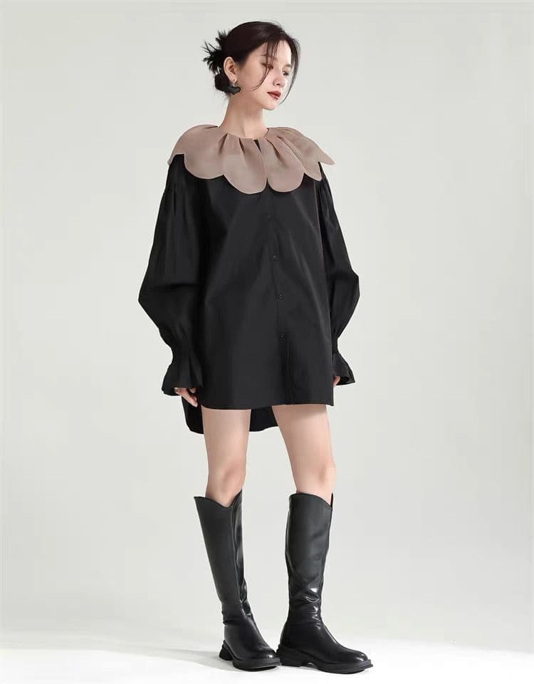 モード系ファッション 【1枚で旬顔】ビッグカラー×バルーンスリーブミニシャツワンピース（ブラック）