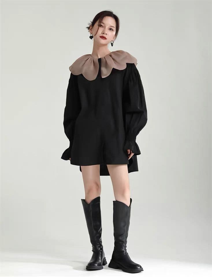 モード系ファッション 【1枚で旬顔】ビッグカラー×バルーンスリーブミニシャツワンピース（ブラック）