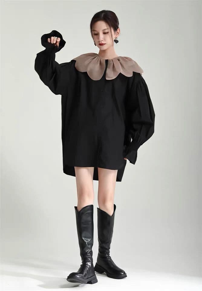 モード系ファッション 【1枚で旬顔】ビッグカラー×バルーンスリーブミニシャツワンピース（ブラック）