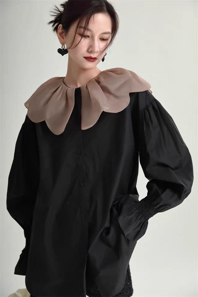 モード系ファッション 【1枚で旬顔】ビッグカラー×バルーンスリーブミニシャツワンピース（ブラック）