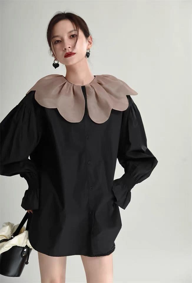 モード系ファッション 【1枚で旬顔】ビッグカラー×バルーンスリーブミニシャツワンピース（ブラック）