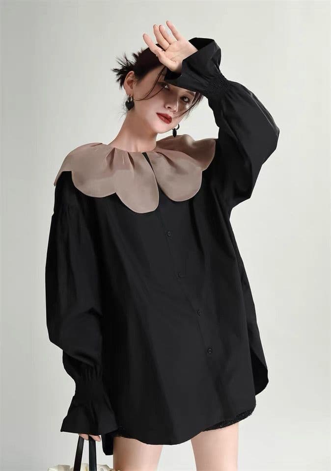 モード系ファッション 【1枚で旬顔】ビッグカラー×バルーンスリーブミニシャツワンピース（ブラック）