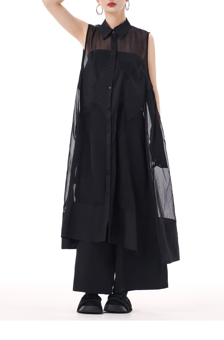 モード系 モード感溢れるシアーロングシャツ｜ノースリーブ・透け感・アシンメトリーデザイン・ホワイト／ブラック