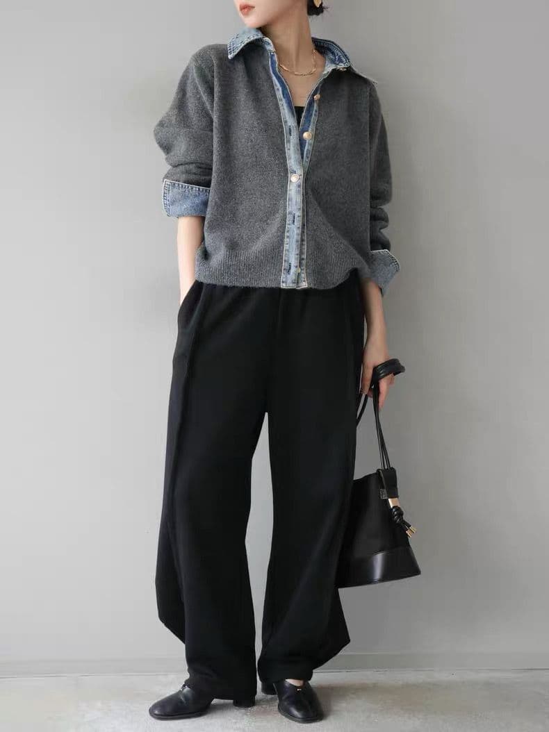 モード系ファッション【デニムレイヤード風】フェイクシャツ切替ニットトップス／モードカジュアルに映える異素材ミックス