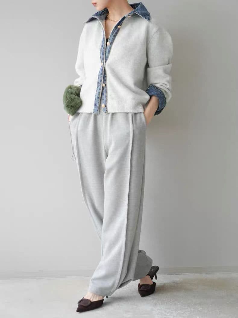 モード系ファッション【デニムレイヤード風】フェイクシャツ切替ニットトップス／モードカジュアルに映える異素材ミックス