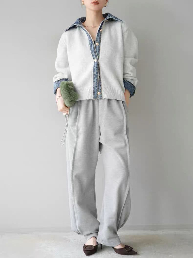 モード系ファッション【デニムレイヤード風】フェイクシャツ切替ニットトップス／モードカジュアルに映える異素材ミックス