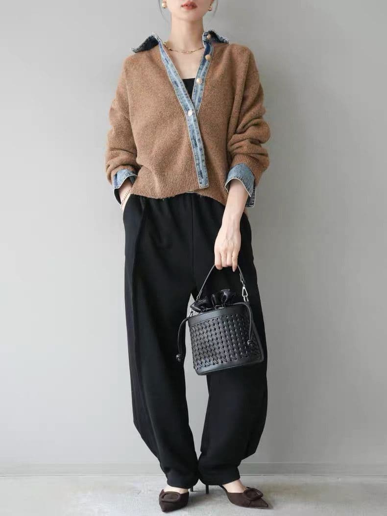 モード系ファッション【デニムレイヤード風】フェイクシャツ切替ニットトップス／モードカジュアルに映える異素材ミックス