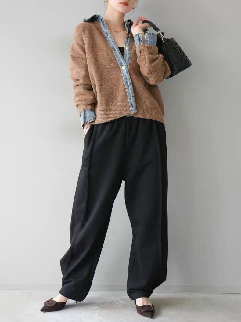 モード系ファッション【デニムレイヤード風】フェイクシャツ切替ニットトップス／モードカジュアルに映える異素材ミックス