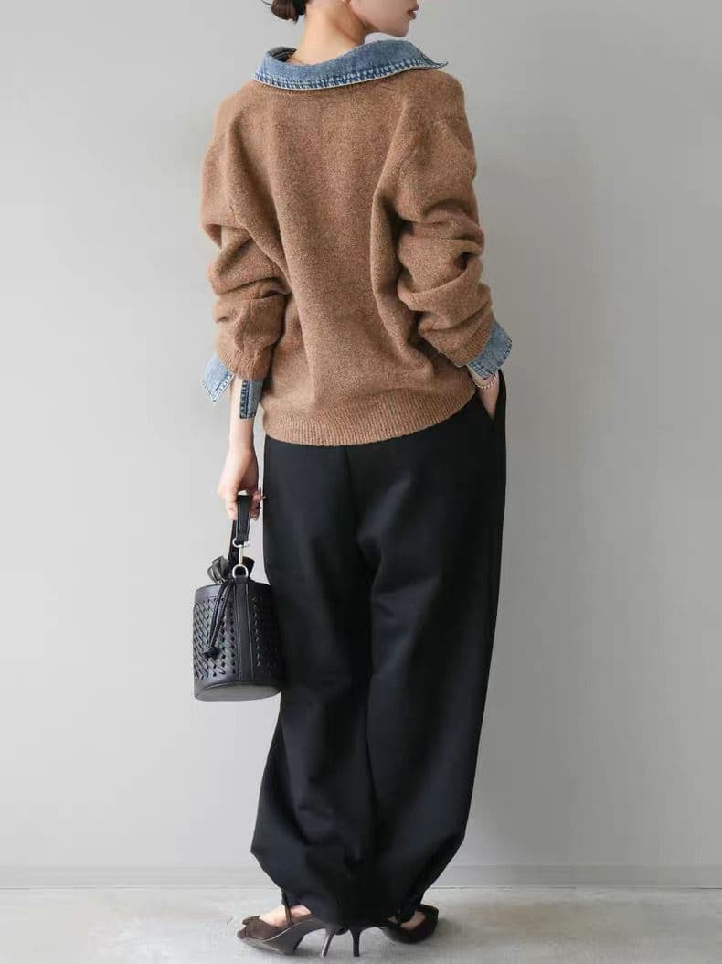 モード系ファッション【デニムレイヤード風】フェイクシャツ切替ニットトップス／モードカジュアルに映える異素材ミックス