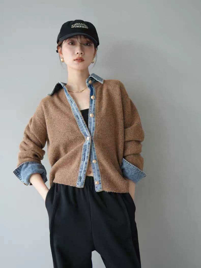 モード系ファッション【デニムレイヤード風】フェイクシャツ切替ニットトップス／モードカジュアルに映える異素材ミックス