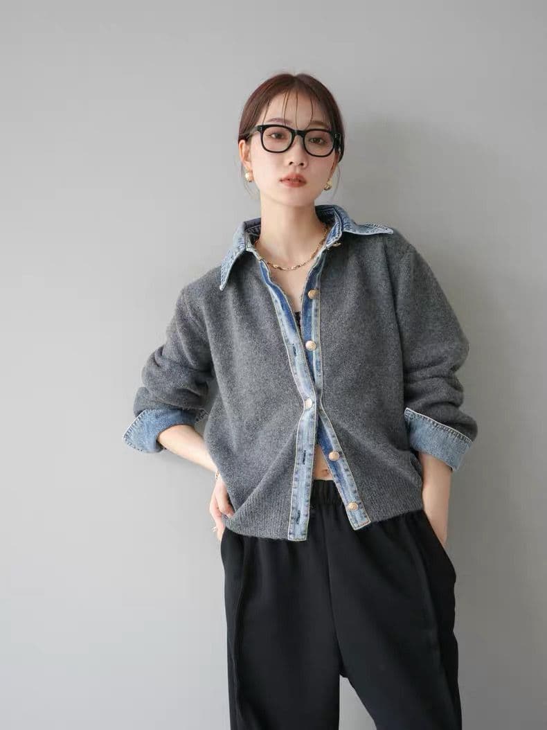 モード系ファッション【デニムレイヤード風】フェイクシャツ切替ニットトップス／モードカジュアルに映える異素材ミックス