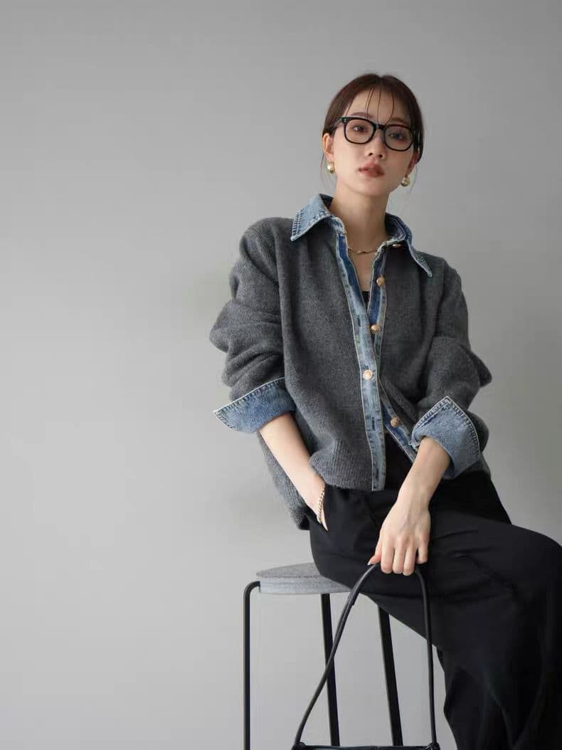 モード系ファッション【デニムレイヤード風】フェイクシャツ切替ニットトップス／モードカジュアルに映える異素材ミックス