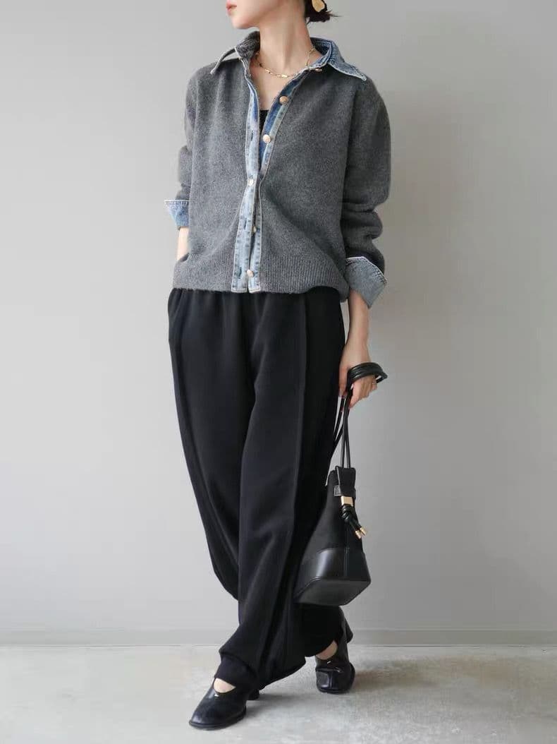 モード系ファッション【デニムレイヤード風】フェイクシャツ切替ニットトップス／モードカジュアルに映える異素材ミックス