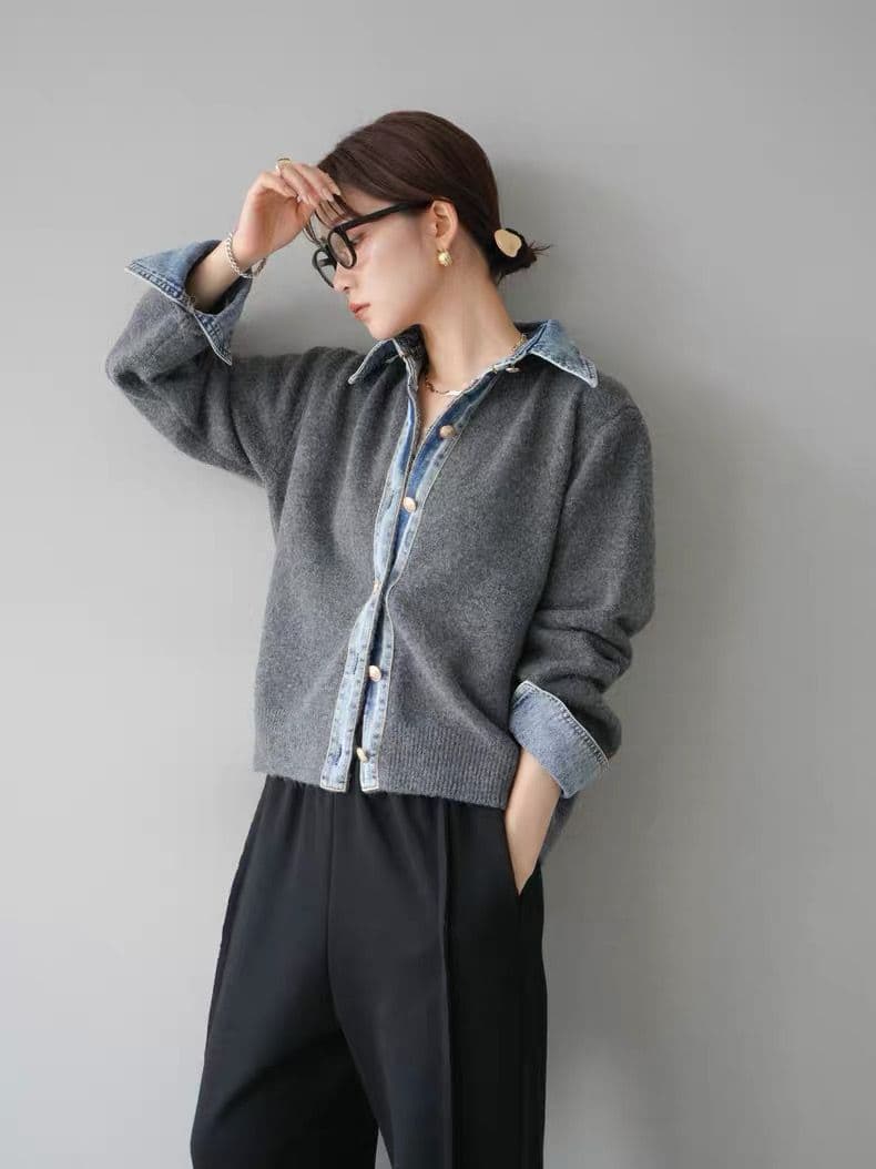 モード系ファッション【デニムレイヤード風】フェイクシャツ切替ニットトップス／モードカジュアルに映える異素材ミックス