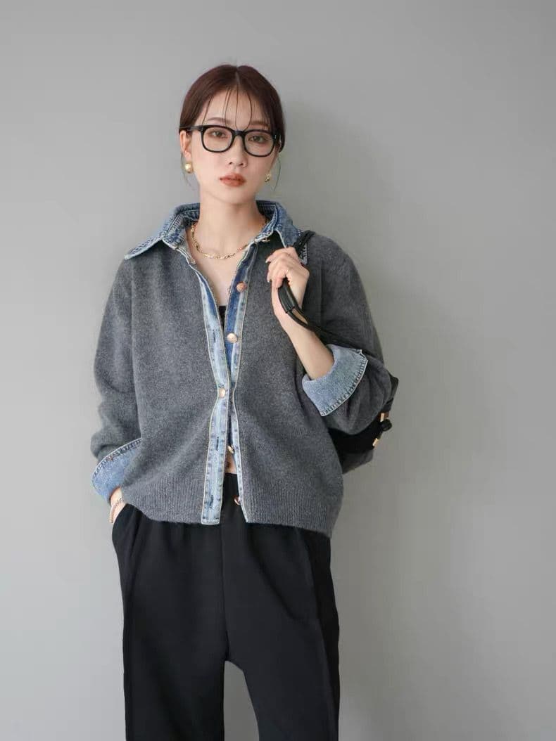 モード系ファッション【デニムレイヤード風】フェイクシャツ切替ニットトップス／モードカジュアルに映える異素材ミックス